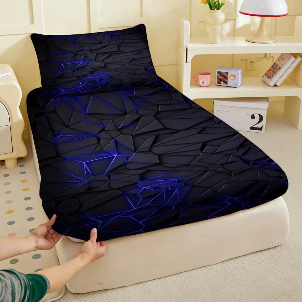 drap housse coton polyester géométrique moderne bleu noir poches adhésif chambre coucherqueenkingdouble