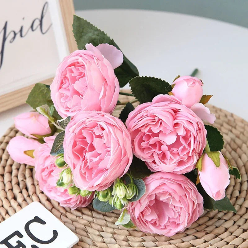 bouquet fleurs artificielles pivoines roses feuilles vertes decoration mariage anniversaire intérieur classique