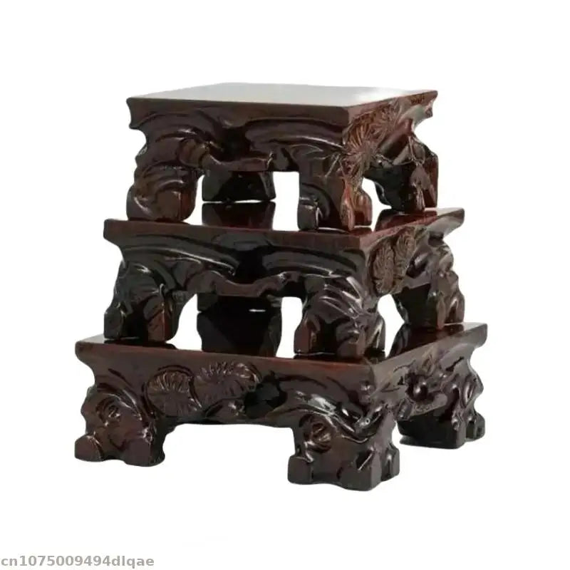 support bois sculpté motifs floraux artisanal miniature collection marron foncé