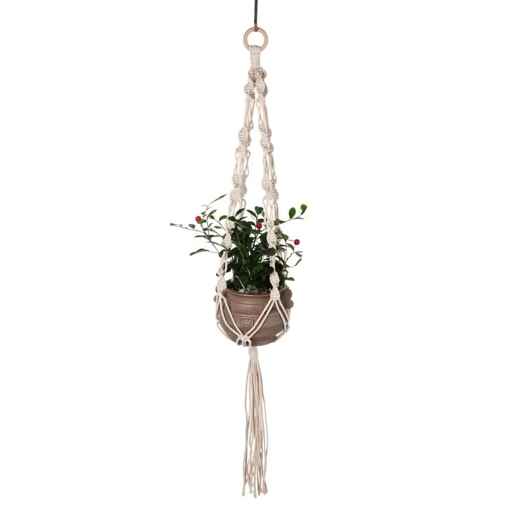 support plante suspendue macramé boho blanc beige noir artisanal anneaux métalliques pot plante