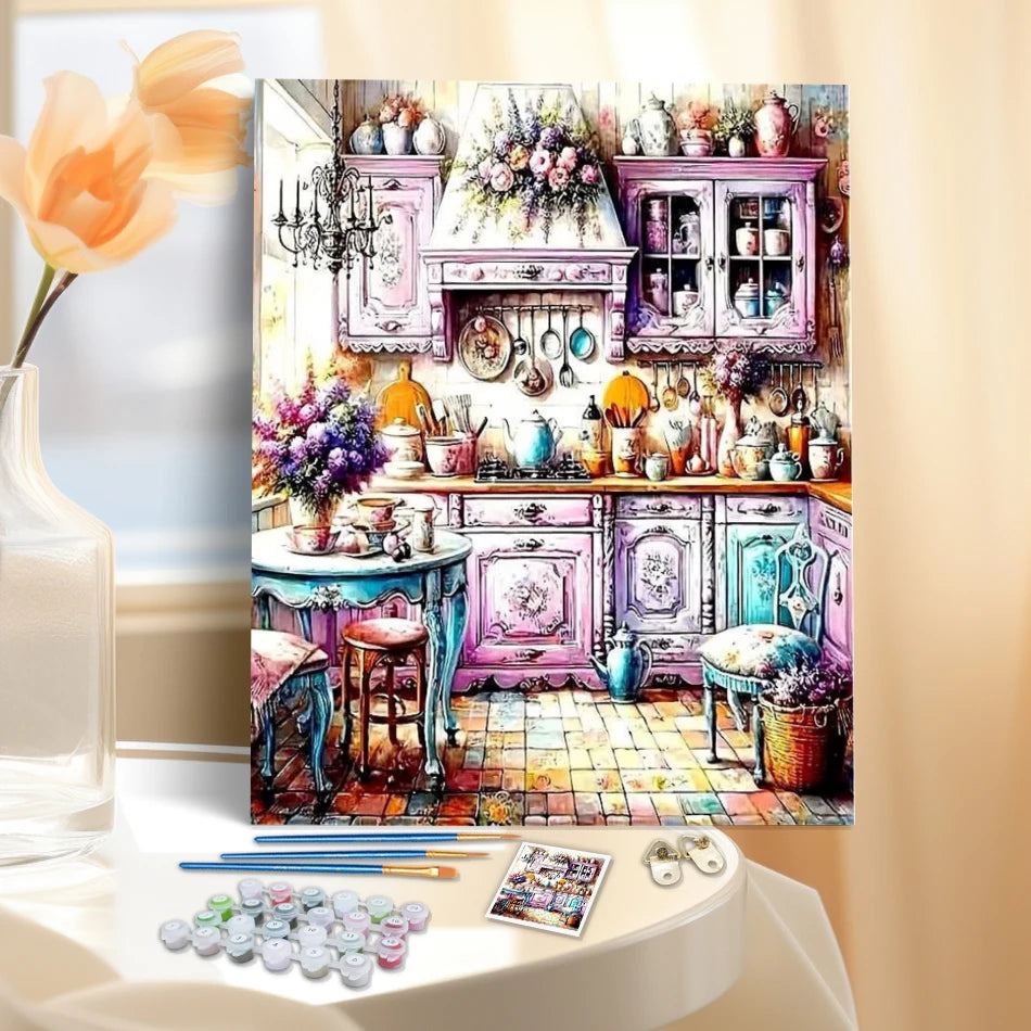 tableau peinture fleurs vintage romantique diy peinture acrylique pinceaux guide couleurs ustensiles cuisine meubles