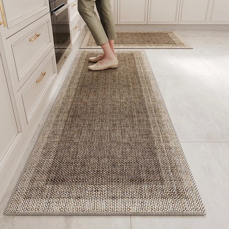Tapis de couloir en fibre naturelle, de texture tressée, posé sur un sol en carrelage blanc dans une cuisine moderne.