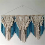 tapisserie macramé boho blanc gris bleu orange motifs géométriques franges crochet chambre