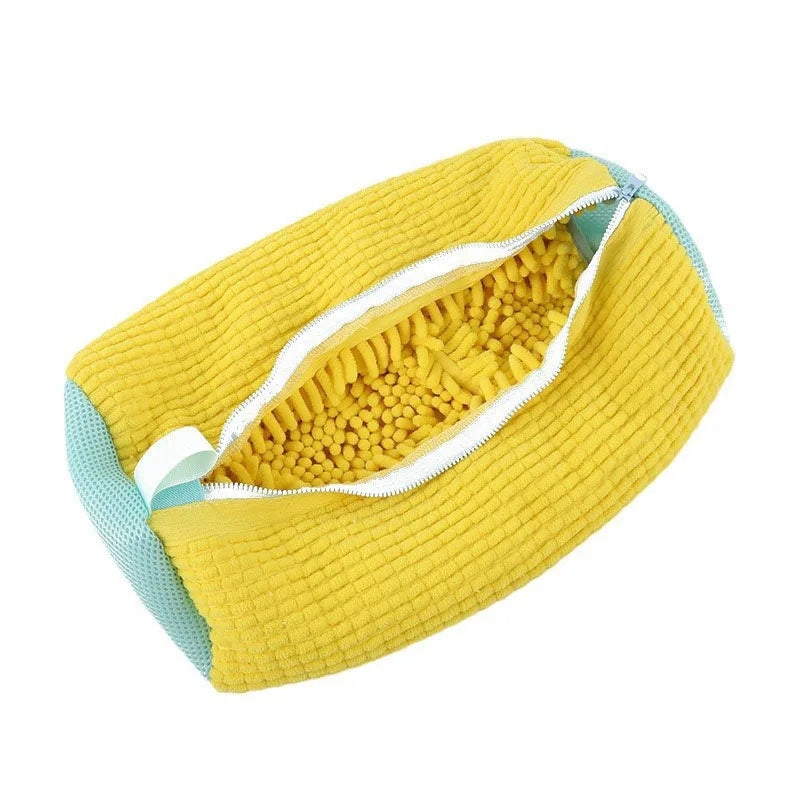 sac lavage chaussures réutilisable coton texture côtelée jaune bleu transparent fermeture éclair anse pratique