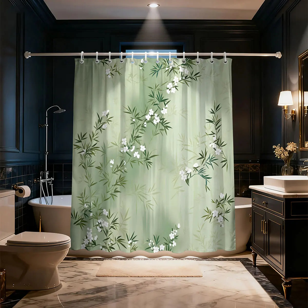 rideau douche moderne vert clair branches bambou fleurs opaques 120x180cm 150x180cm 180x180cm 90x180cm