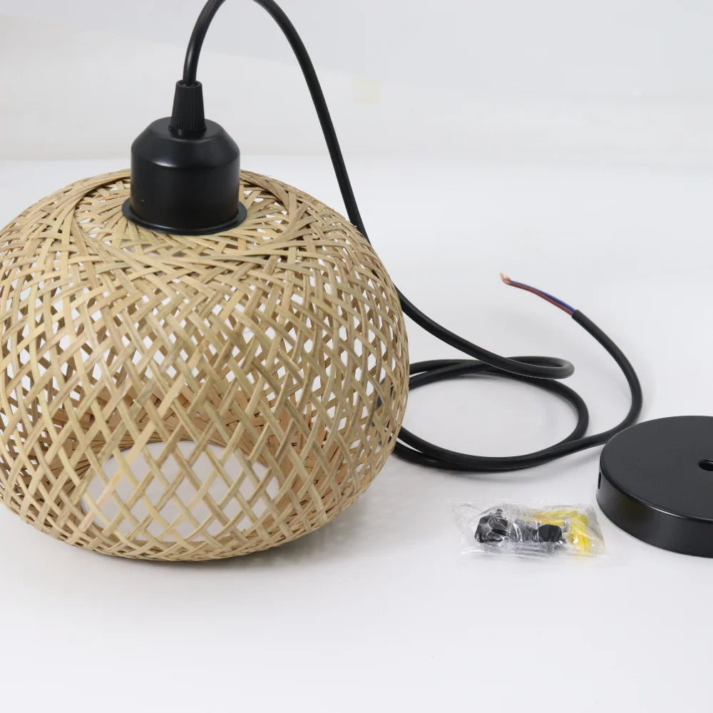 Suspension lumineuse tissage osier moderne rustique naturel noir câble électrique ampoule led douille noire
