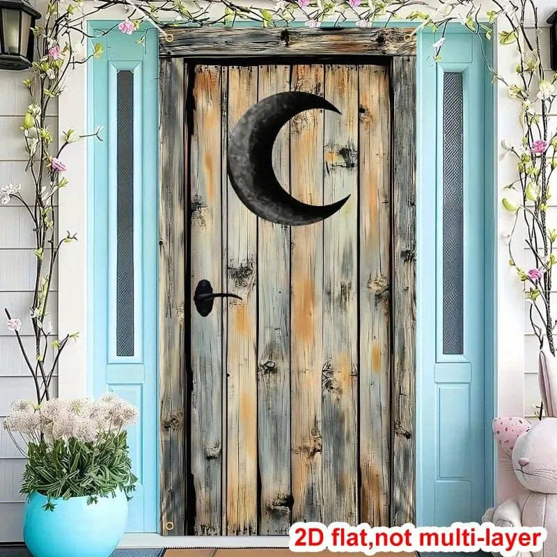 décoration murale autocollant porte lune bois vintage gris beige rustique