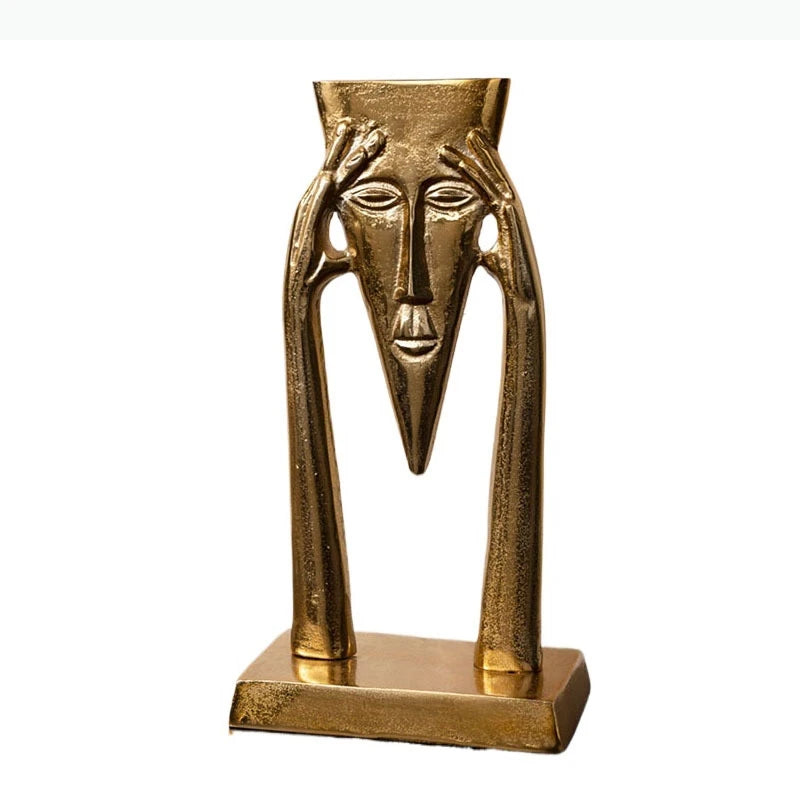 Sculpture dorée abstraite visage humain art africain vase fleurs séchées tableau texture rugueuse