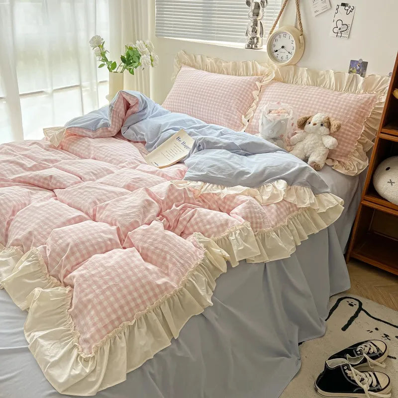ensemble literie rose doux carreaux beige volants taies oreiller couvre lit romantique ultra frais