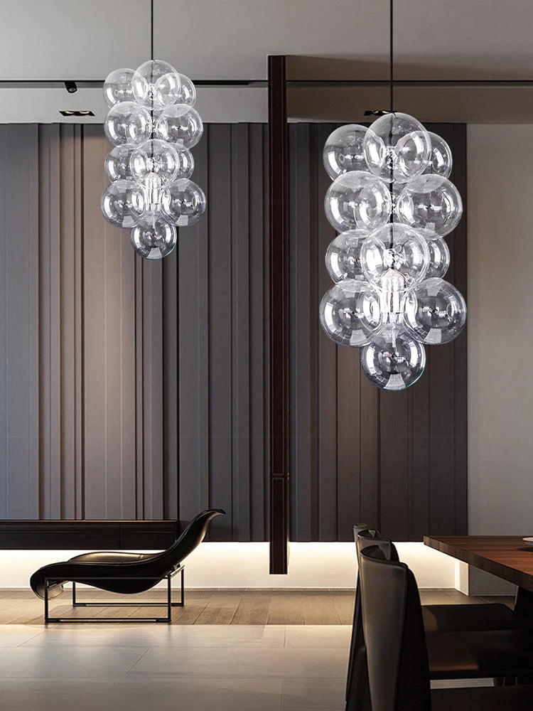suspension lumineuse verre transparent moderne boules verre câbles acier poli led semi encastré