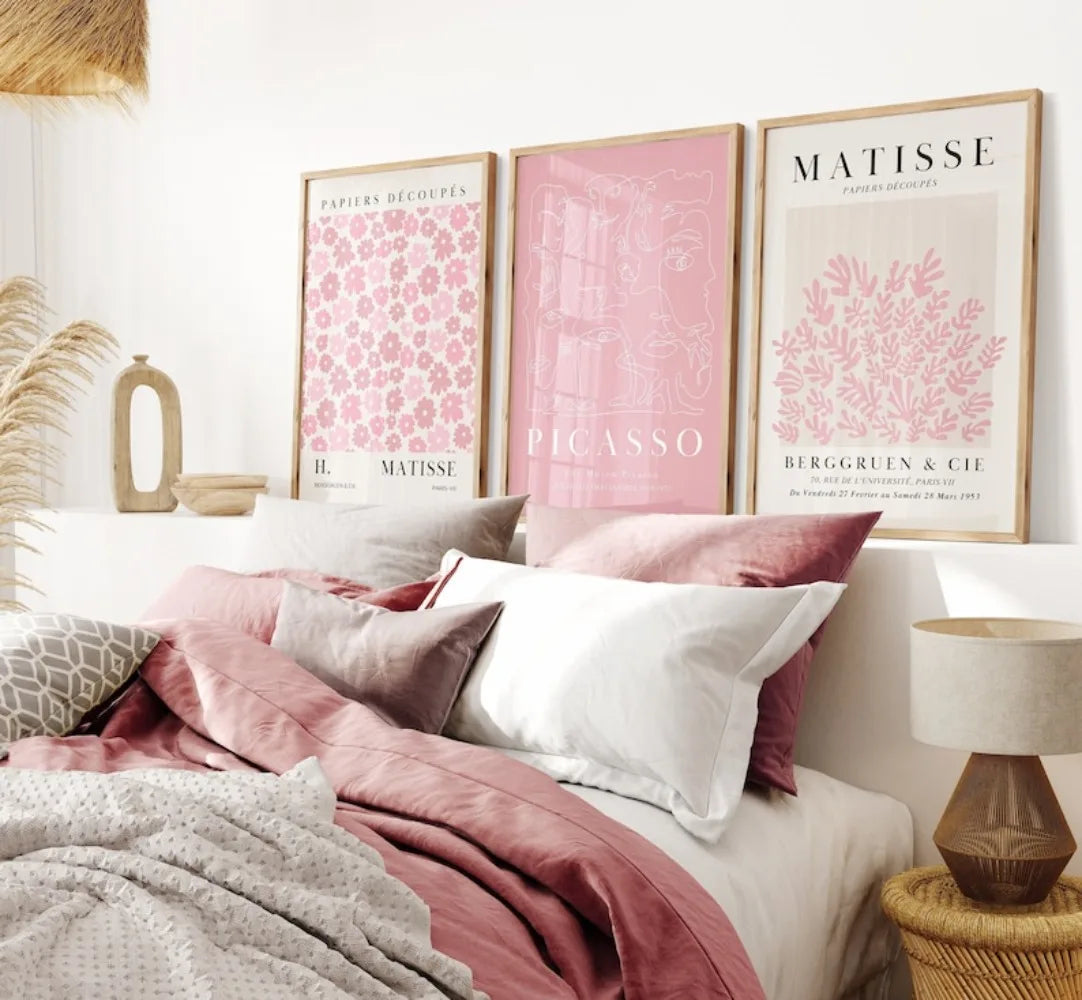 affiches moderne minimaliste fleurs abstraites rose clair toile cadre bois salon décoration mur