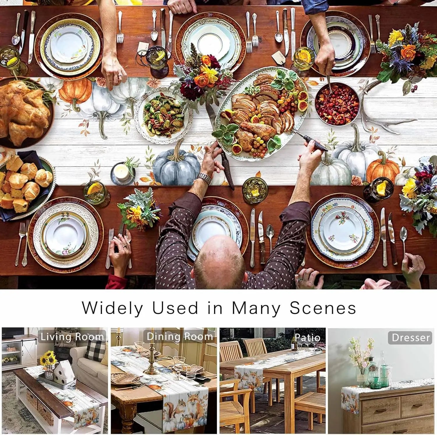 Une table richement garnie de plats et de décorations d'automne, entourée de personnes prêtes à partager un repas convivial, dans un décor chaleureux et familial.