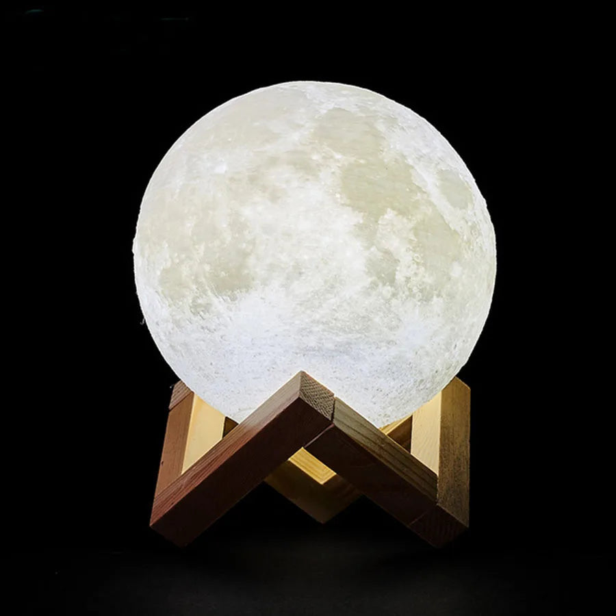 lampe lune rechargeable led blanc texture lunaire moderne support bois charge cable 8cm 12cm
