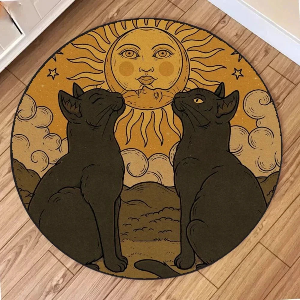 tapis rond vintage chats lunes soleils motifs floraux noir beige jaune blanc vert