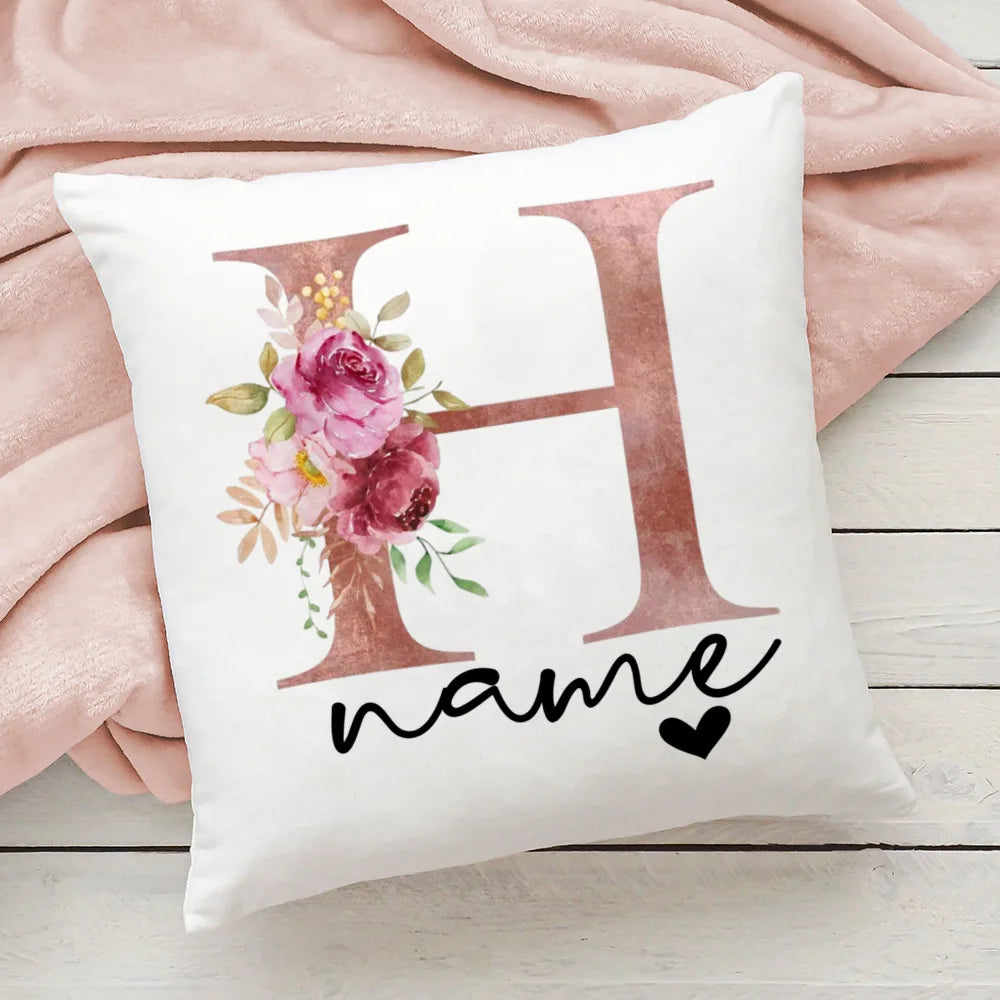 taie d'oreiller motif floral rose lettres initiales respectueux environnement moderne blanc
