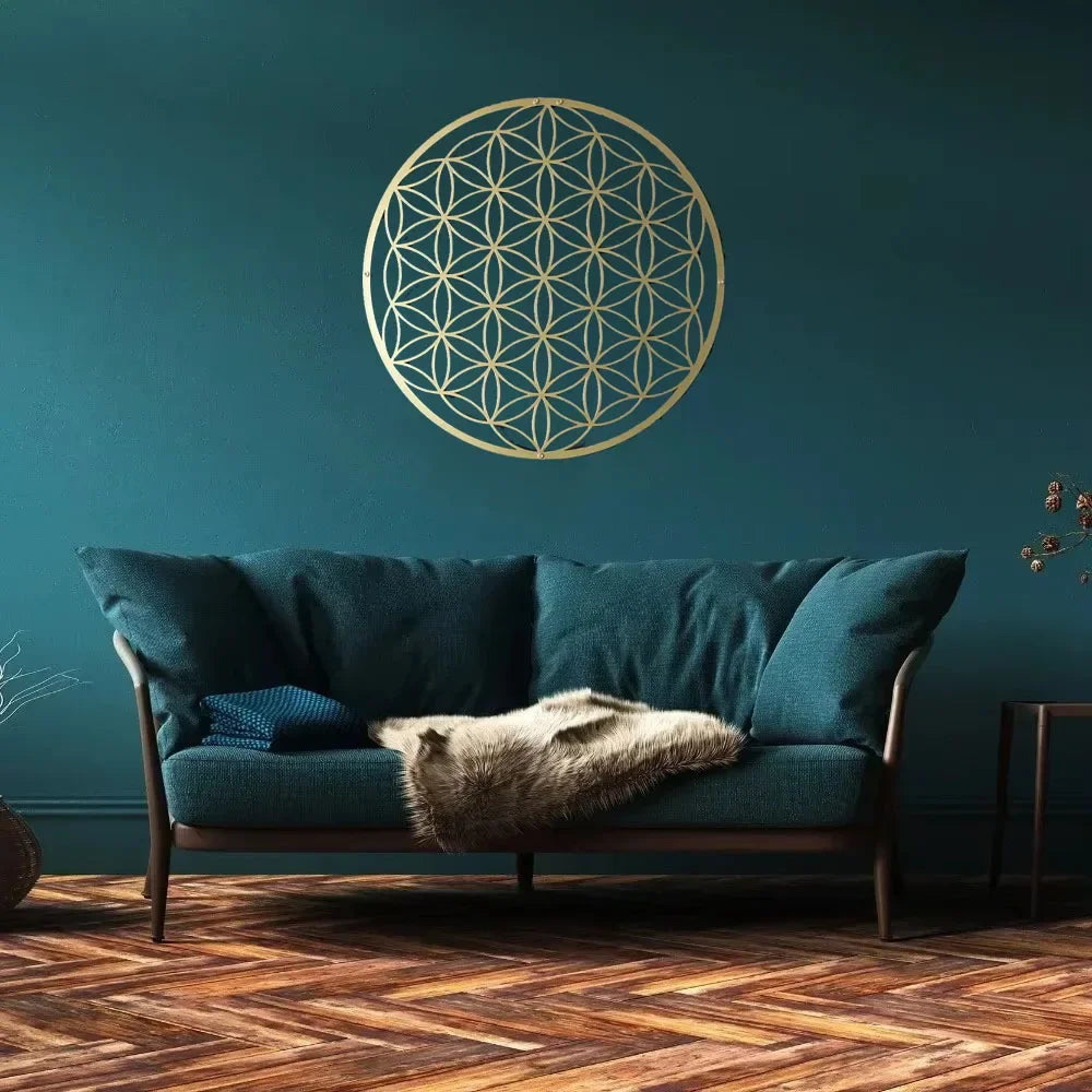décoration murale moderne or fleur vie symbole géométrique adhésif métal chambre salon