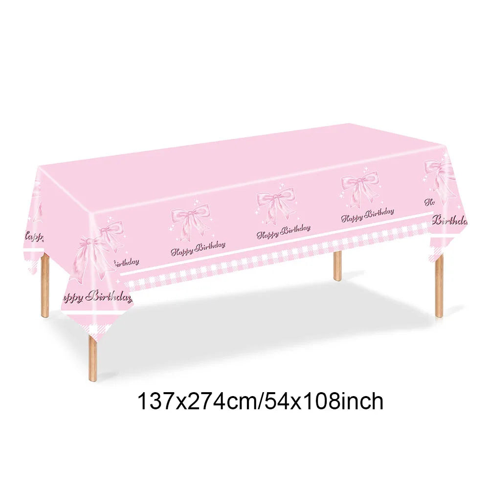 vaisselle jetable rose anniversaire filles assiettes gobelets serviettes nappe motif ruban fête enfant