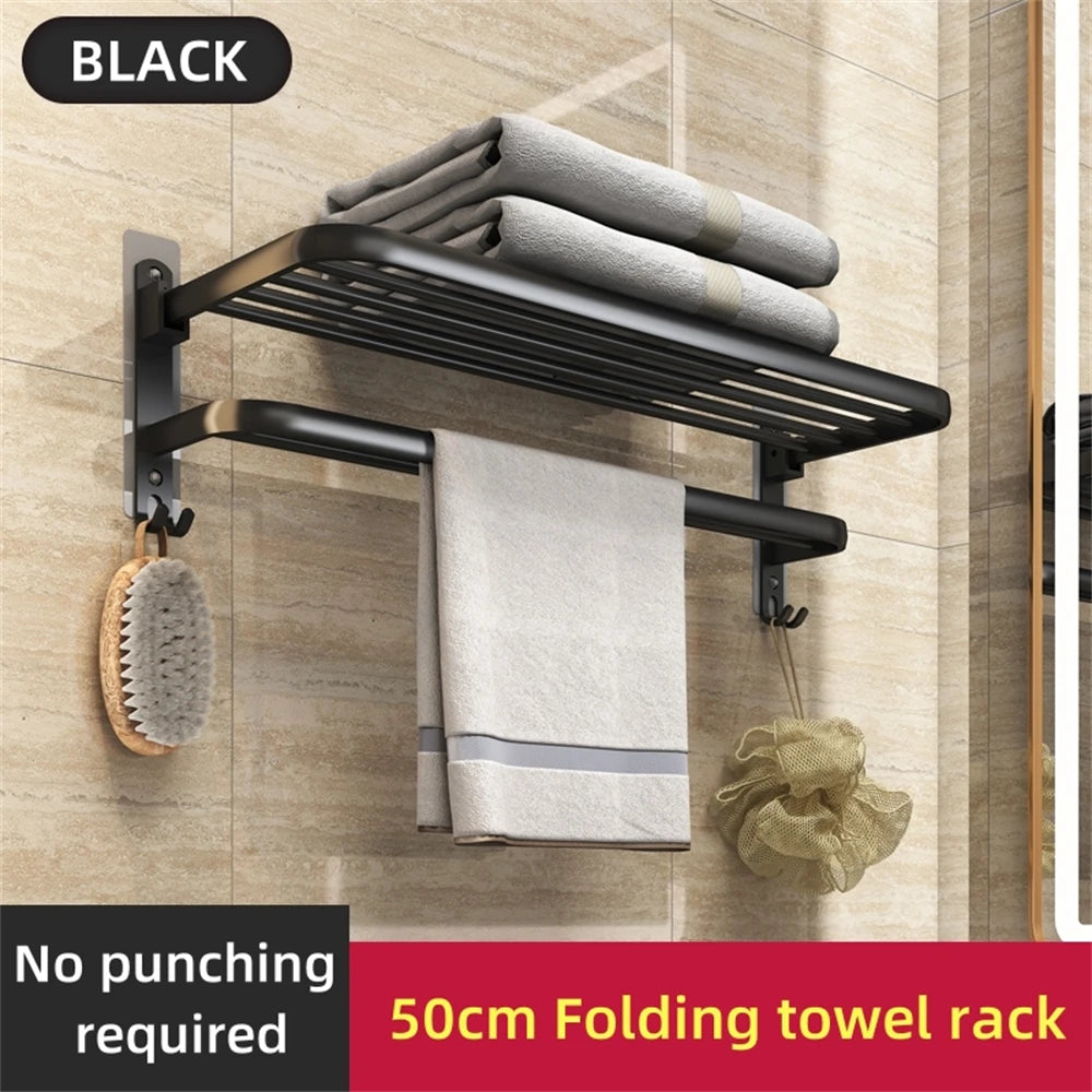 porte serviettes mural noir mat aluminium moderne barreaux horizontaux étendoir crochets serviettes blanches bleues
