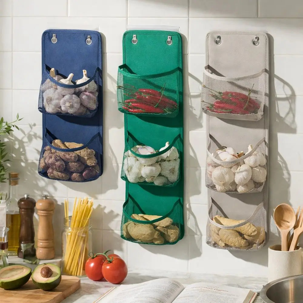 sac mural multi couches maille poignées compartiments rangement cuisine bain vert bleu gris moderne