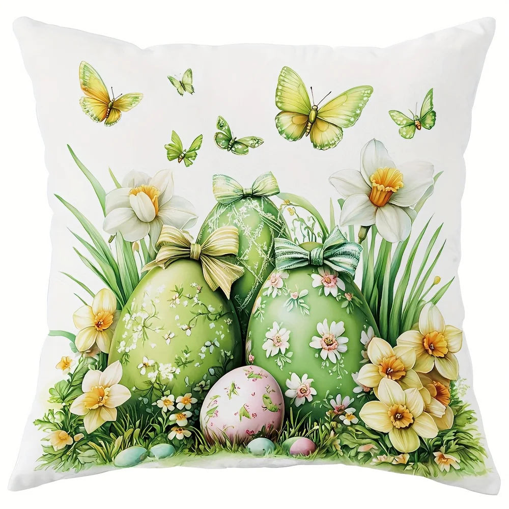 taies d'oreiller lapins pâques fleurs printemps coussin maison polyester blanc vert