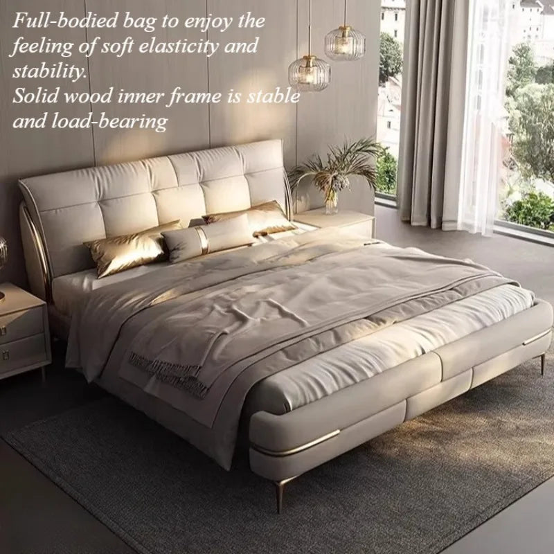 lit moderne minimaliste simili cuir beige clair pieds dorés chambre coucher
