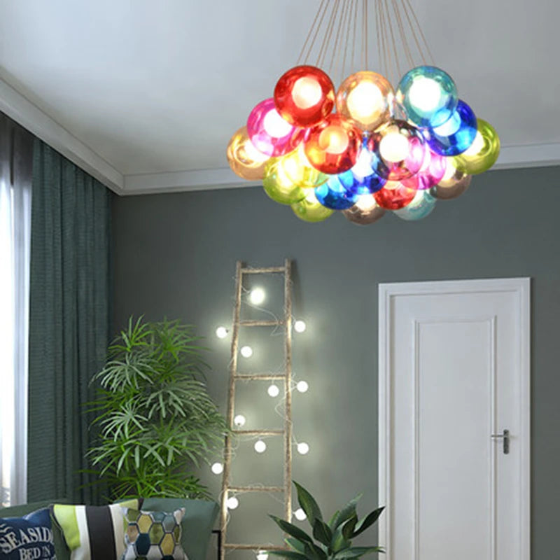suspension lumineuse moderne boules multicolores transparentes verre nordique chambre salon