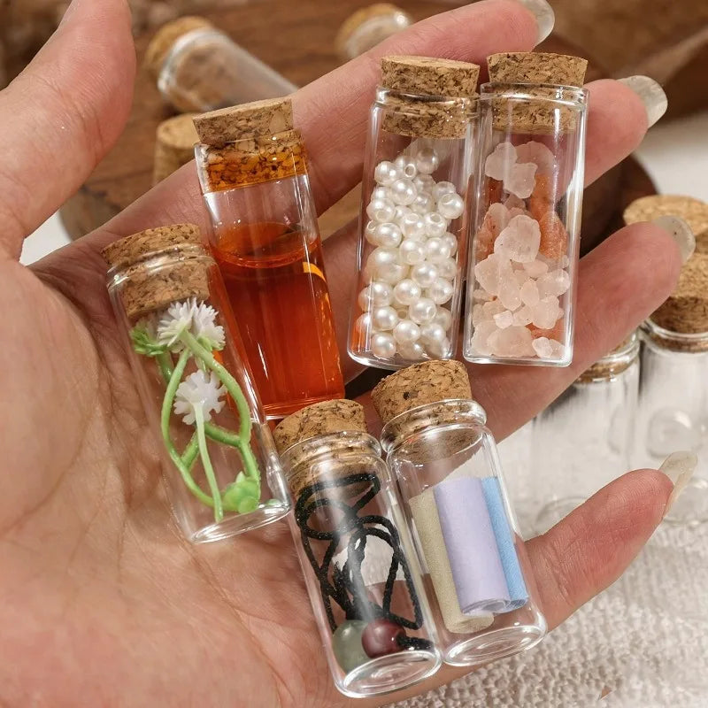bouteilles verre transparentes bouchons liège cristaux pinceaux rubans fleurs séchées animaux plastique
