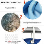 rideau douche moderne blanc bleu personnages abstraits respectueux environnement opaqué ourlet lesté hooks