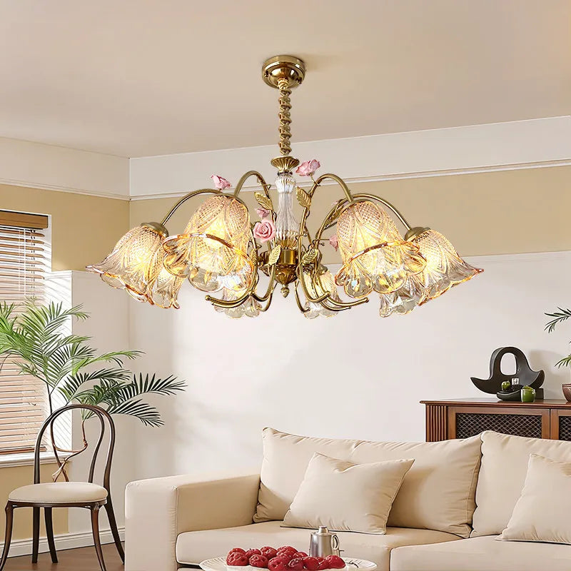 chandelier floral or rose led abat jours transparents têtes vintage