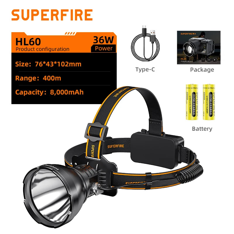 lampe frontale led rechargeable 36w usb noir batteries superfire inclinable camping pêche