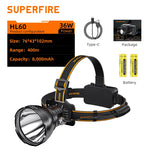 lampe frontale led rechargeable 36w usb noir batteries superfire inclinable camping pêche