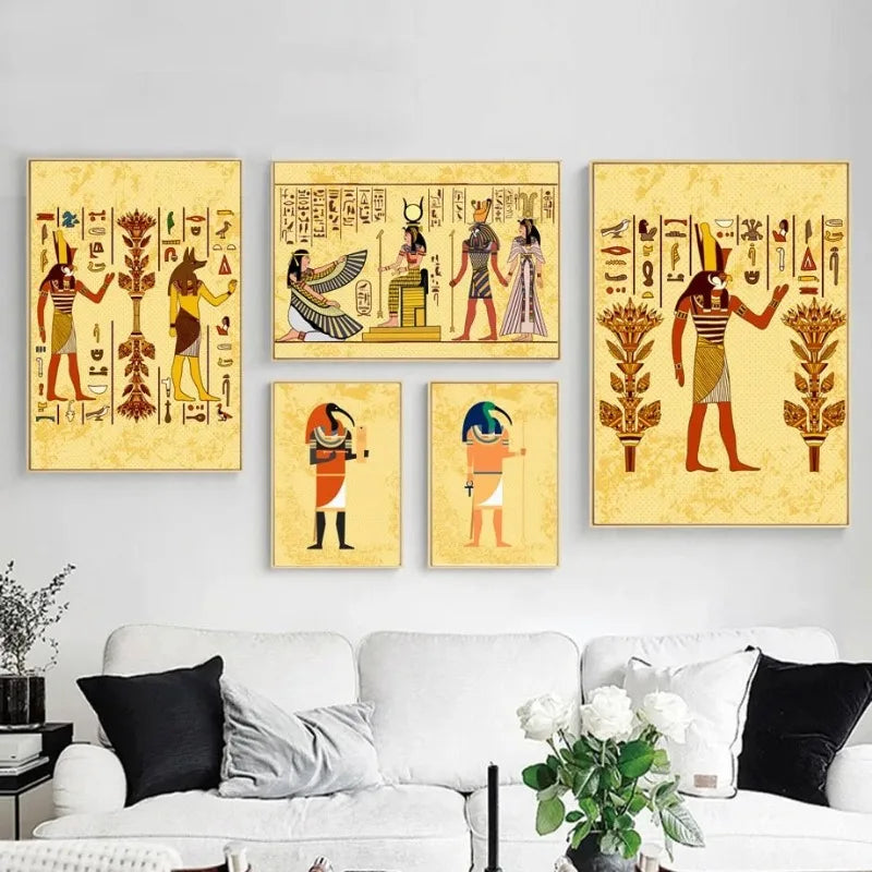 toile d'art égyptienne rétro personnages historiques animaux compagnie moderne jaune marron verte bleu noire