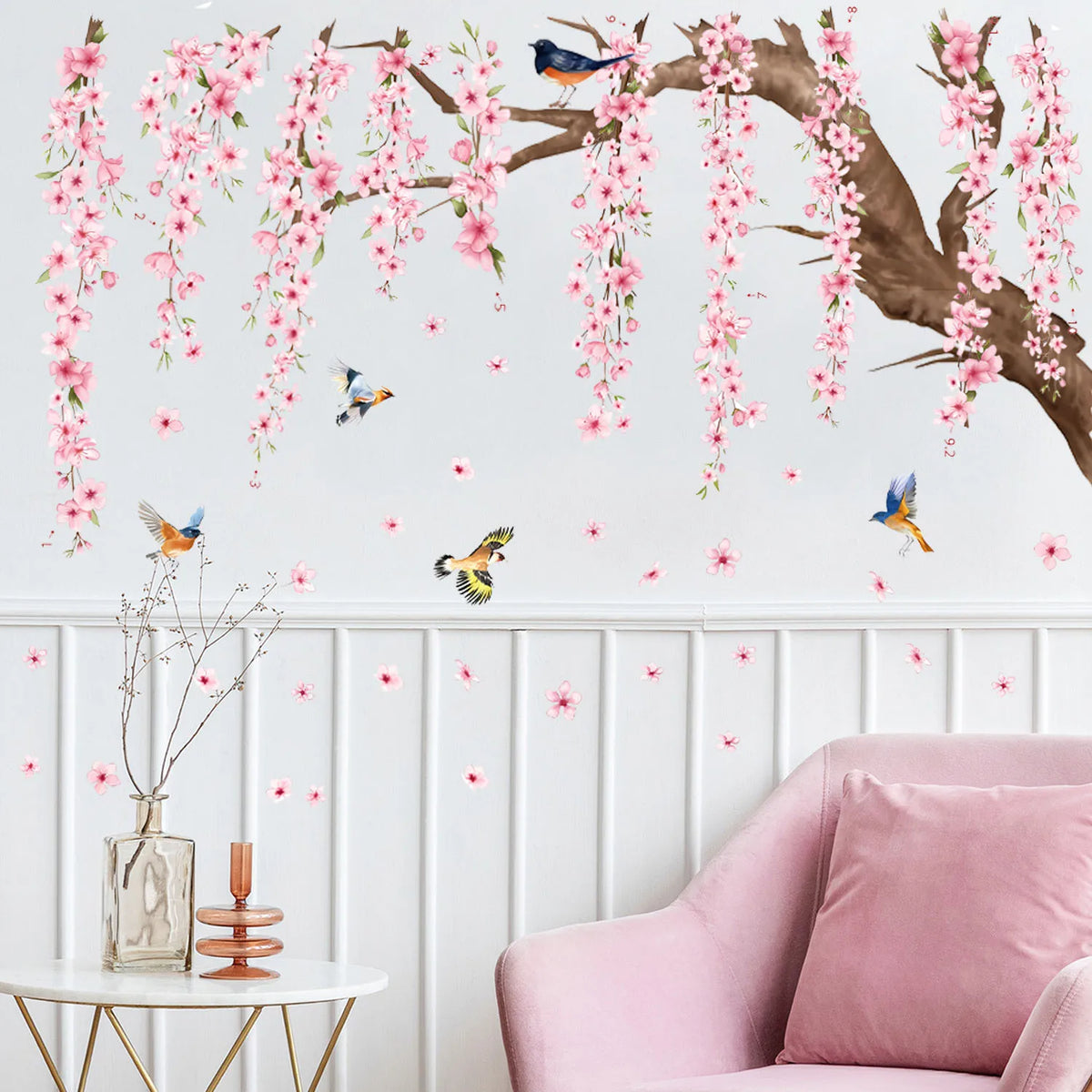 stickers muraux aquarelle cerisier fleurs oiseaux floral printemps naturel rose brun vert bleu pvc