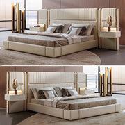 Cadre de lit en cuir véritable avec tables de chevet, design moderne pour chambre king ou queen size