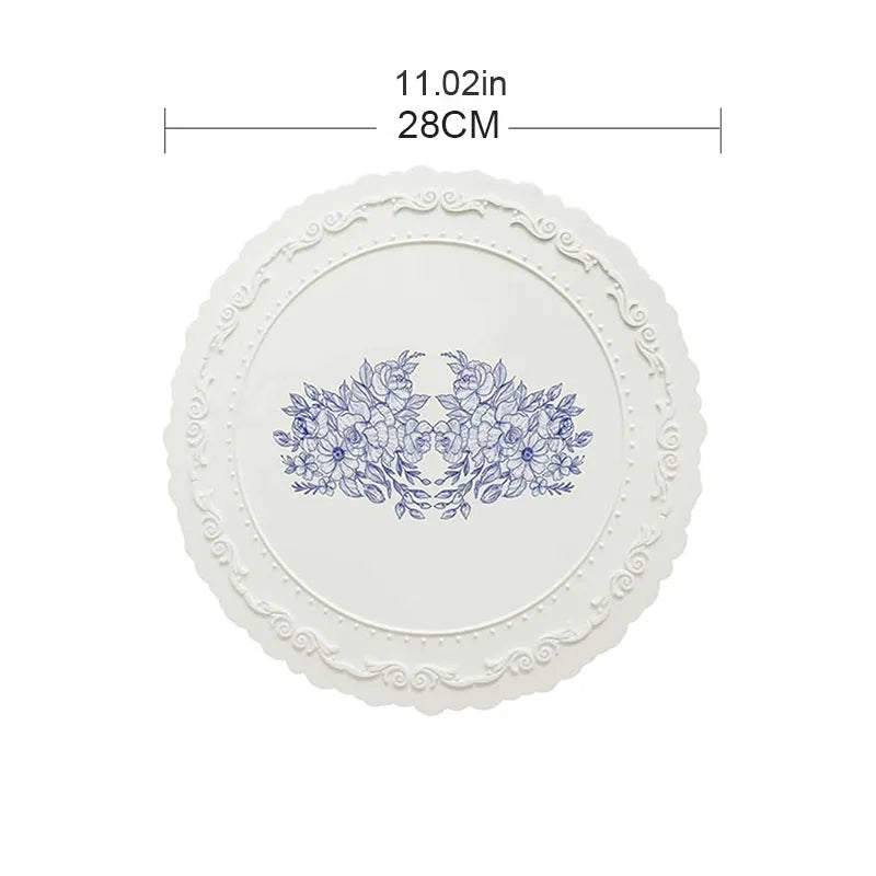 assiette silicone fleurs bleues bordure sculptée classique vintage blanc respectueux environnement résistance froid chaud