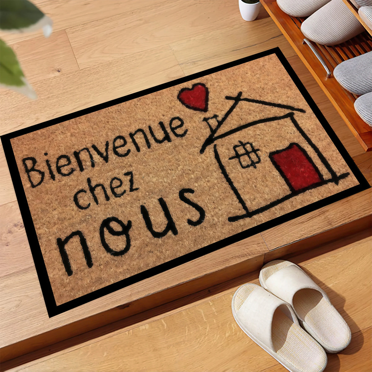 tapis d'entrée antiderapant caoutchouc marron clair noir rouge bienvenue maison cœur résistant corrosion