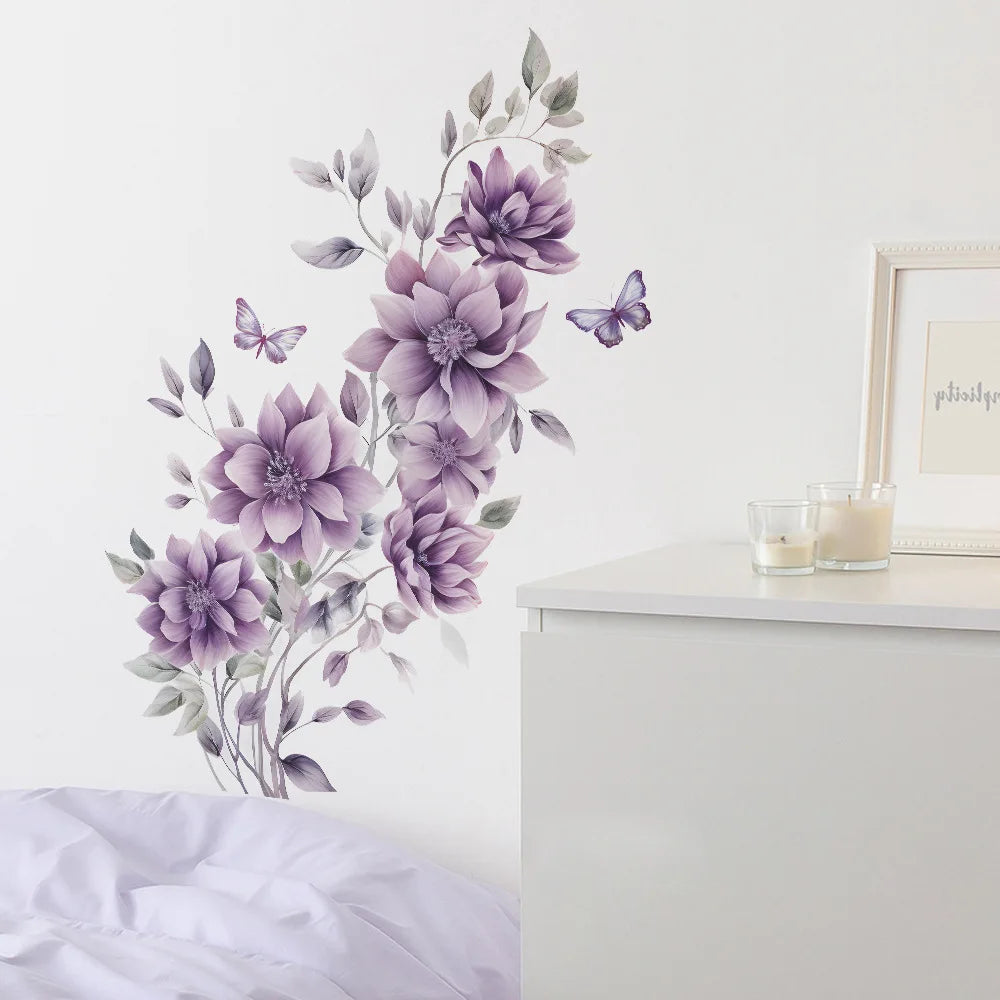 sticker mural fleurs violets papillons adhésif pvc résistant eau moderne salon chambre bain