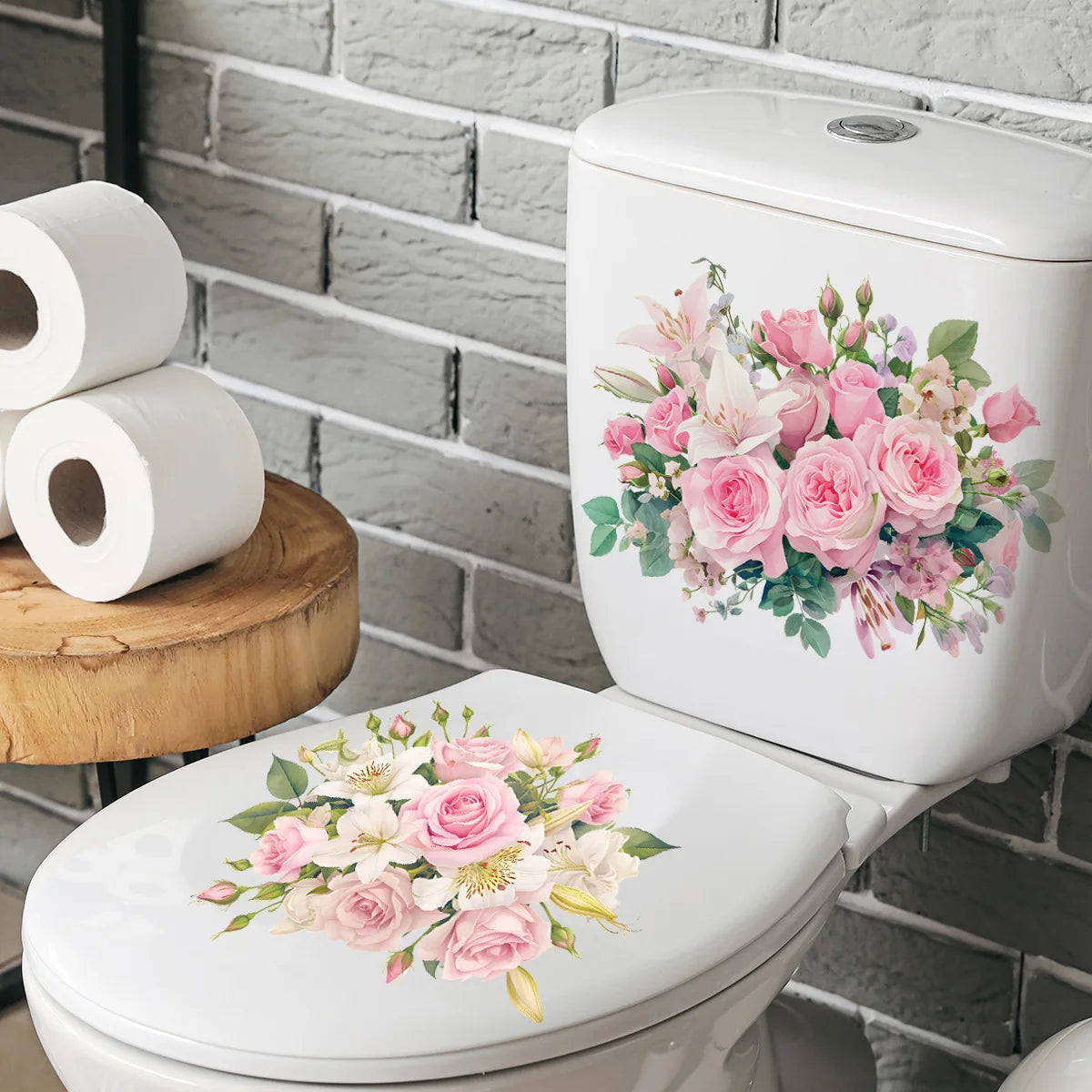 sticker floral rose toilette bouquets fleurs lis feuilles adhésif classique moderne pvc opaque decoration