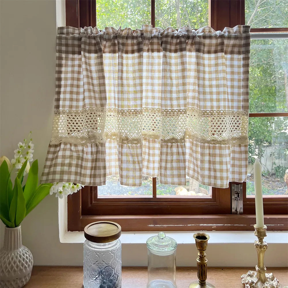 rideau vintage beige carreaux crochet polyester opacité rustique cuisine fenêtre