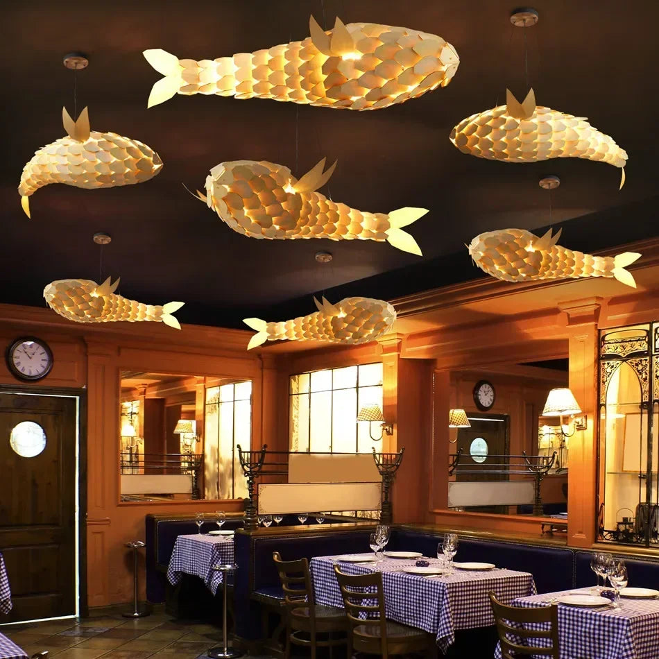 Suspension lumineuse bois forme poisson or led moderne art déco nickel brossé semi encastré