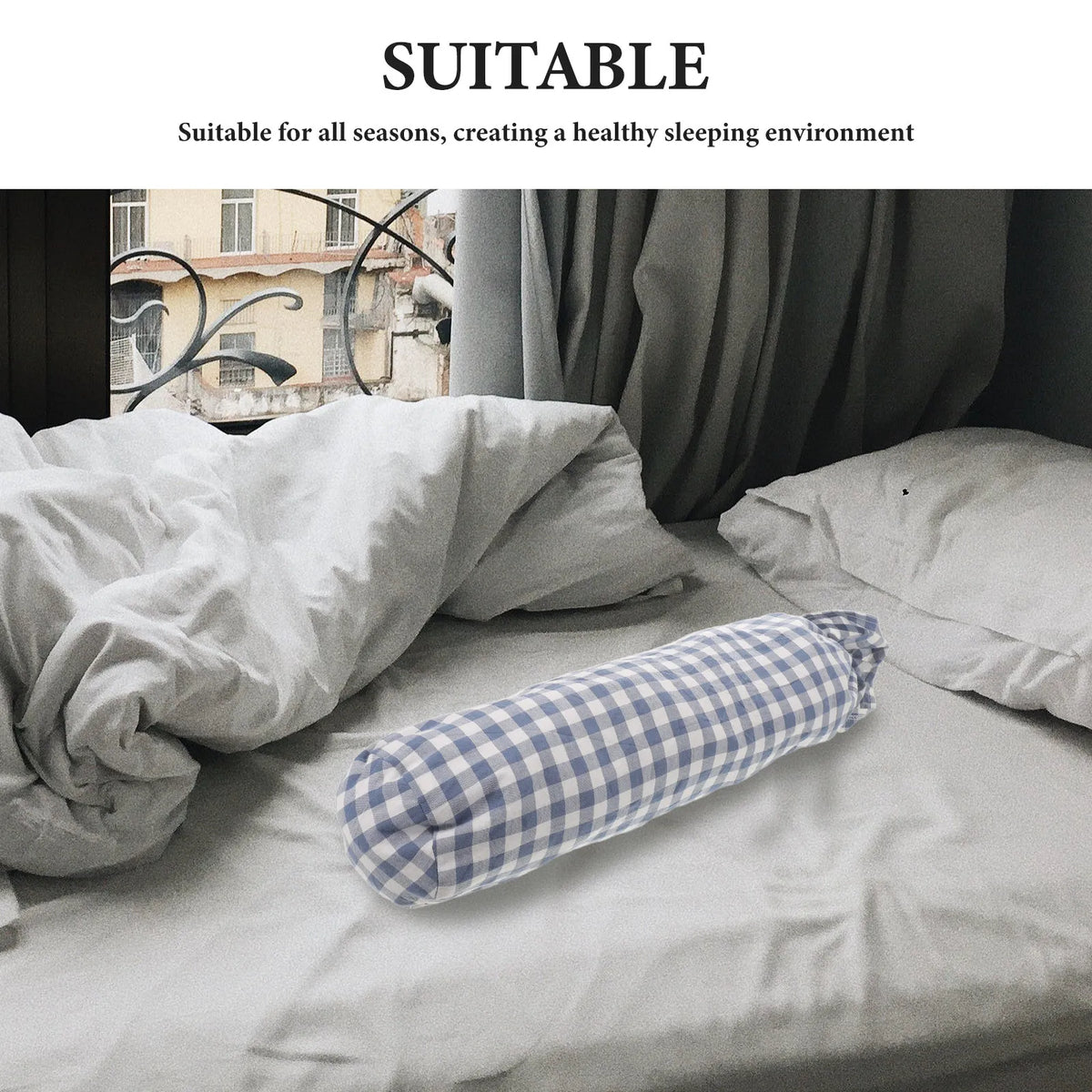 housse coussin cou décoration coton bleu clair blanc carreaux rustique ølets