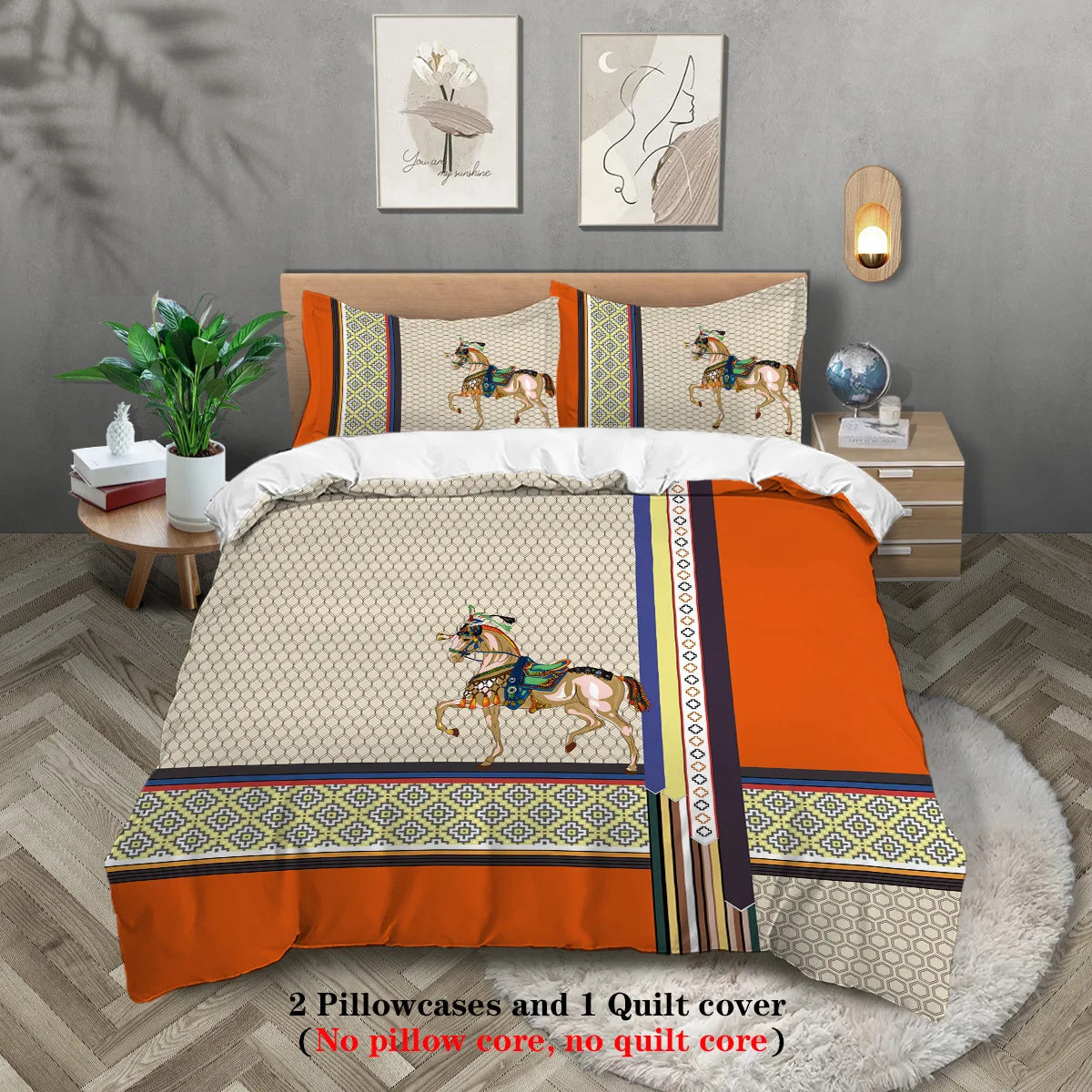 ensemble literie moderne trois pièces housse couette taies d'oreiller motif géométrique beige orange bleu