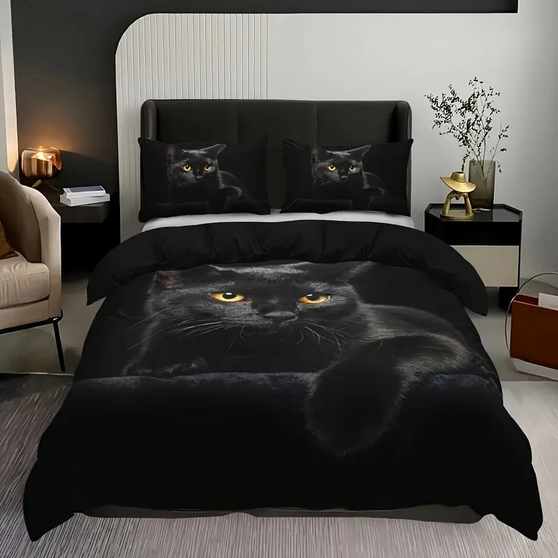 ensemble lit parure trois pièces housse oreillers chat noir moderne polyester