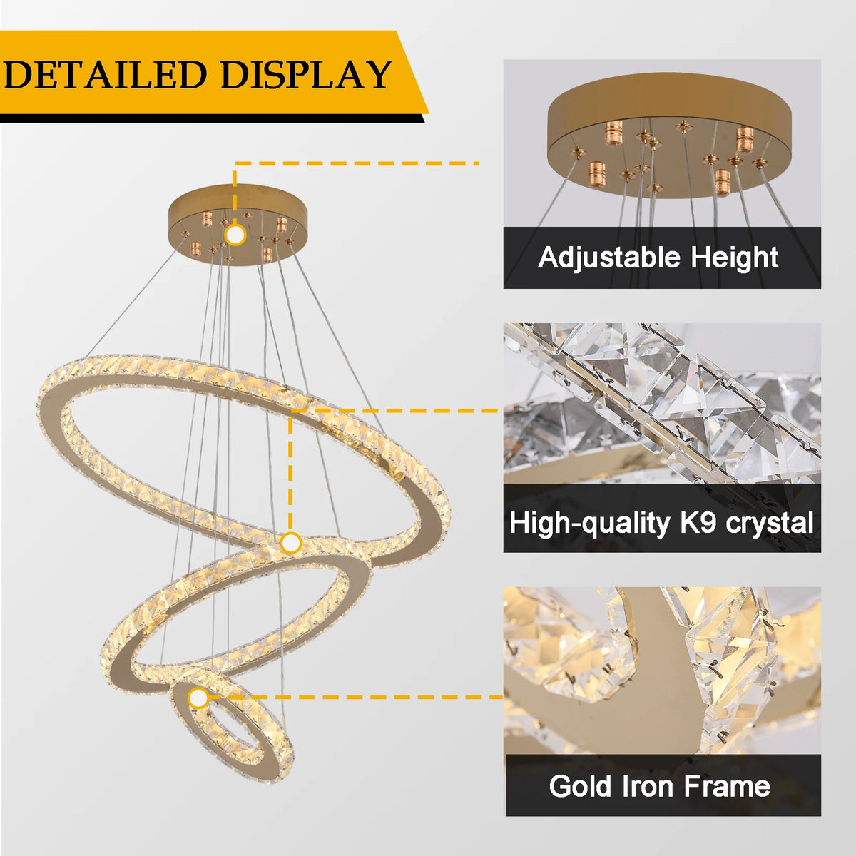 Suspension lumineuse moderne dorée cristaux scintillants led élégante télécommande entrée salon