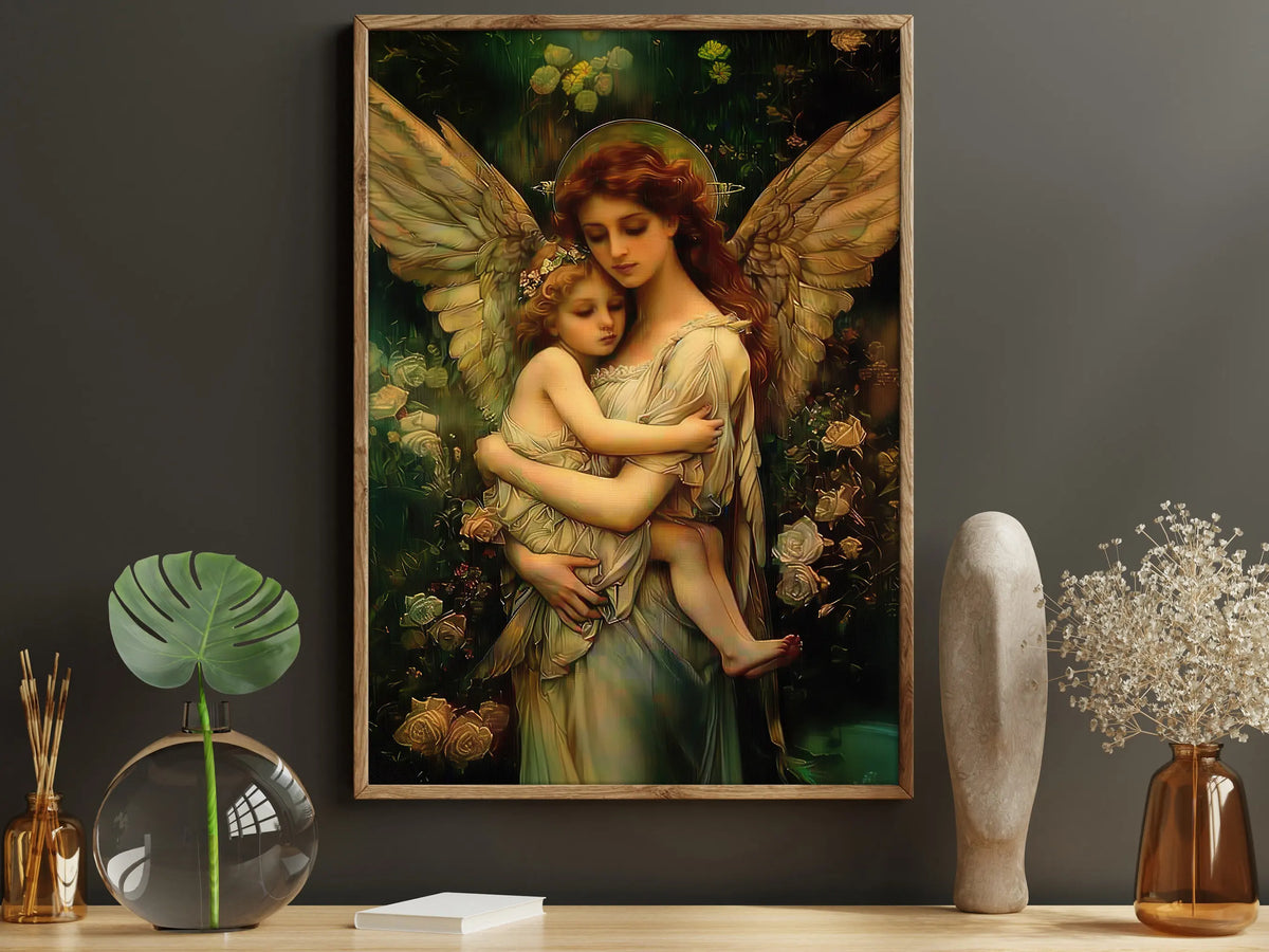 tableau peinture toile religieux jesus marie fleurs anges cadre bois décoration mur salon chambre