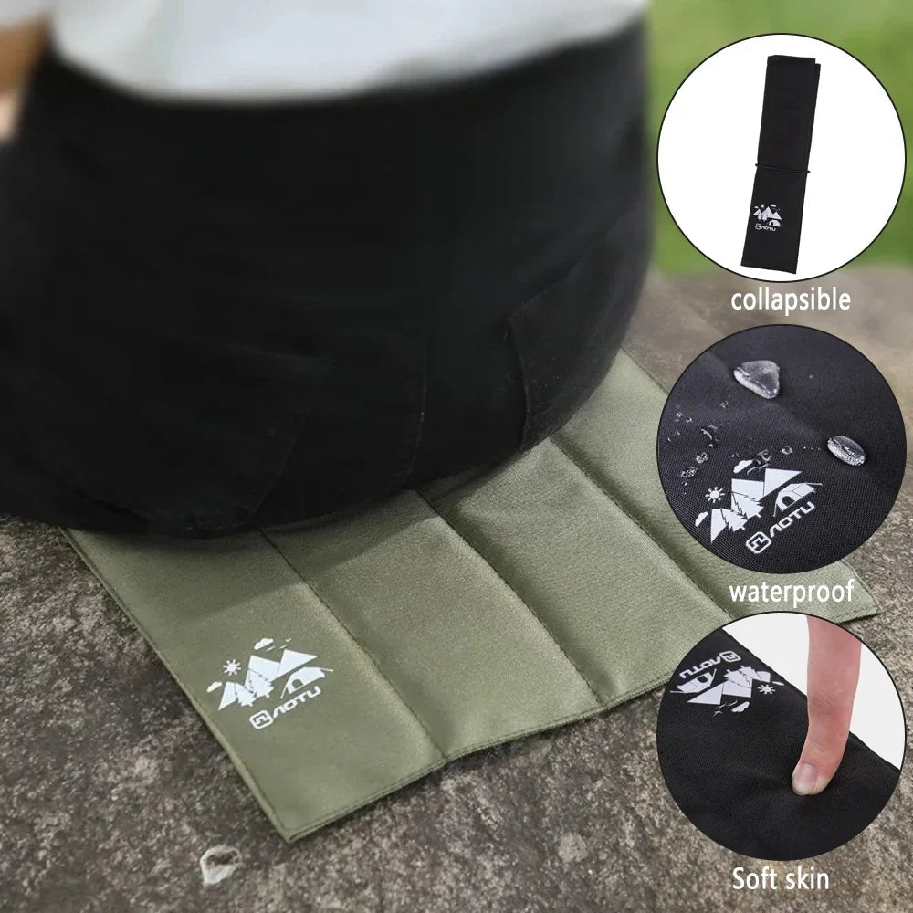 coussin pliable plein air camping noir vert olive imprimé logo blanc texture tissée pratique