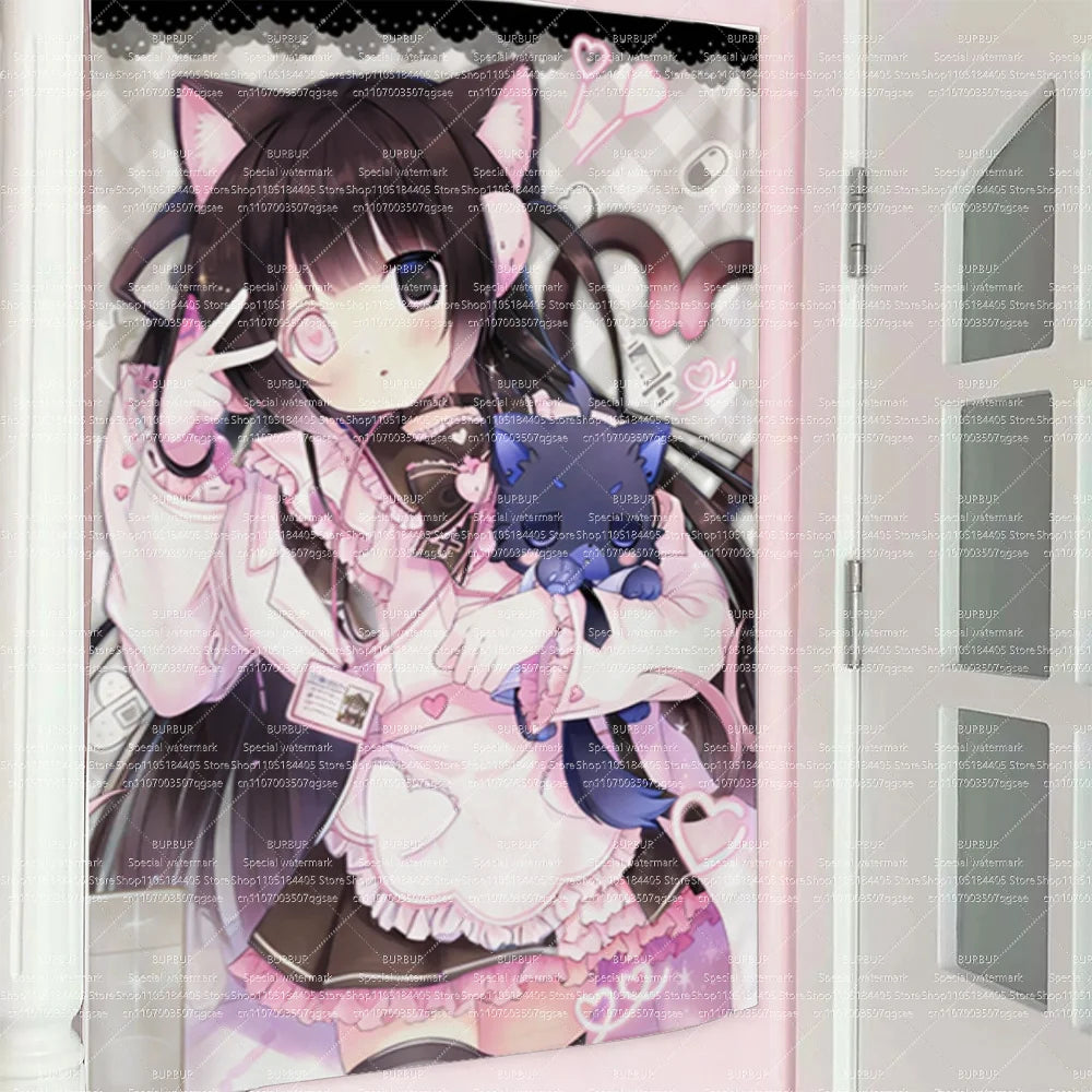 rideau porte anime fille oreilles chat motifs cœurs médicaux rose blanc violet noir