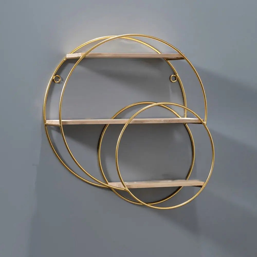 étagère murale or moderne anneaux circulaires métal accessoires décoratifs planchette bois