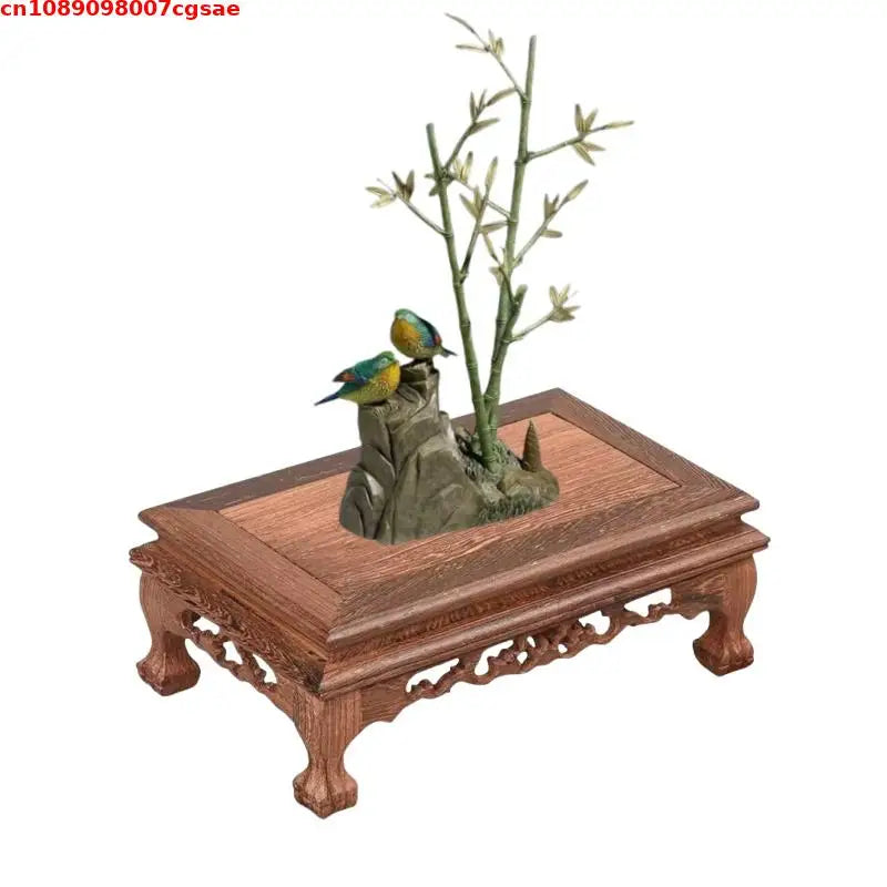 support bois marron classique plateau carré pieds sculptés décoration maison plantes vases décors jardin