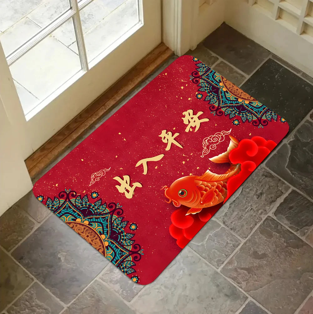 tapis sol moderne rouge or bienvenue maison antidérapant polyester dimension 40x60cm